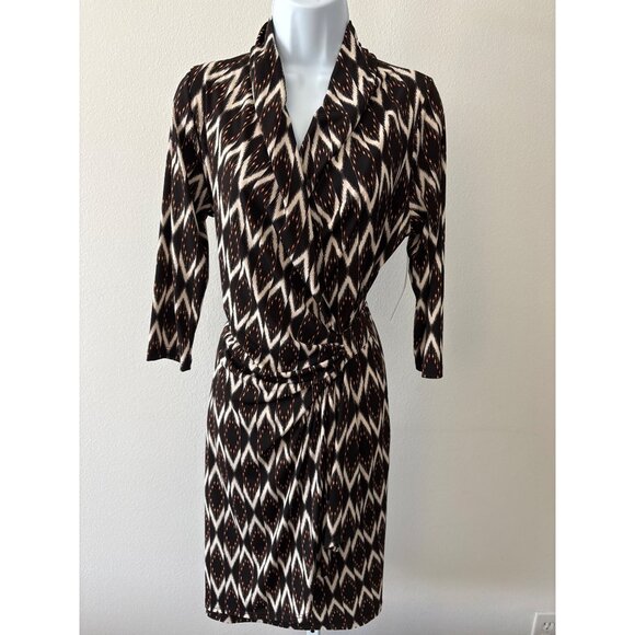 NWT Karen Kane Dress Size M Boho Chic Solar Ikat Faux Wrap Gold Sun Brown Black - Picture 3 of 16